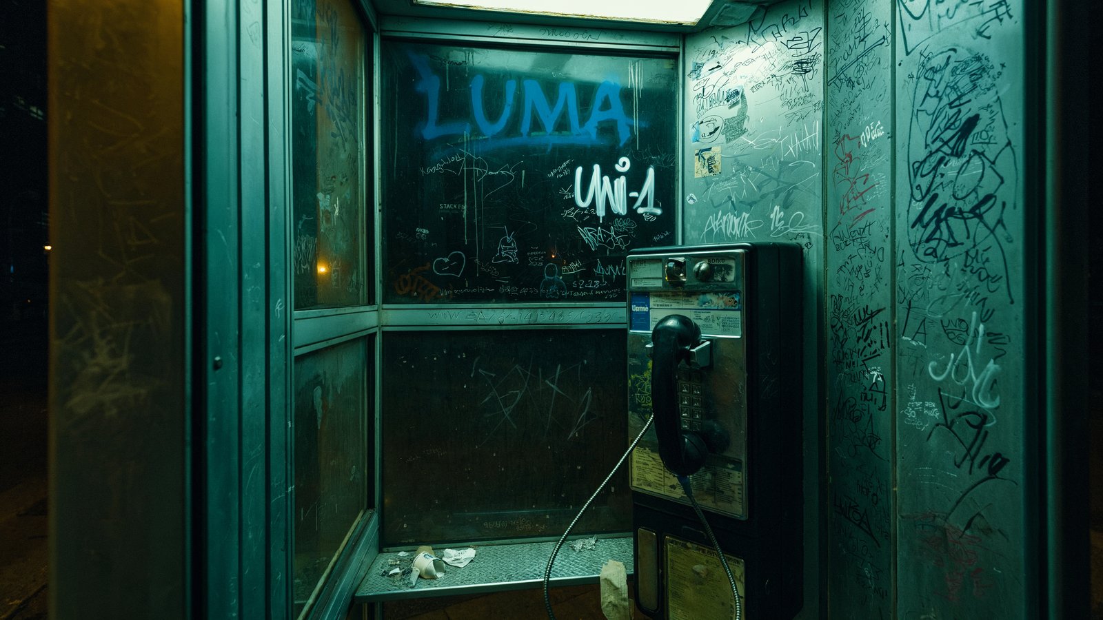 Uni-1 atmosphere and mood - graffiti phone booth